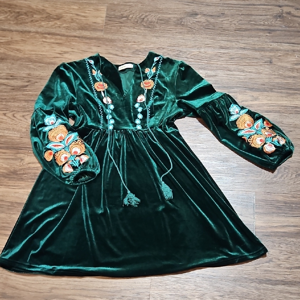 Roiii Deep Green Velvety Long Sleeve Dress with Floral Embroidery, Size Large